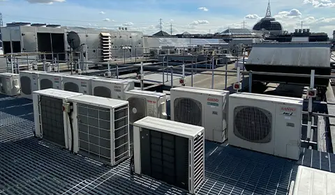 TM44 Air Conditioning Inspections from SEA Consulting HVAC units in the foreground with a beautiful london skyline in the rear of the image. This image was taken by Ross from SEA Consulting on one of his many site visits